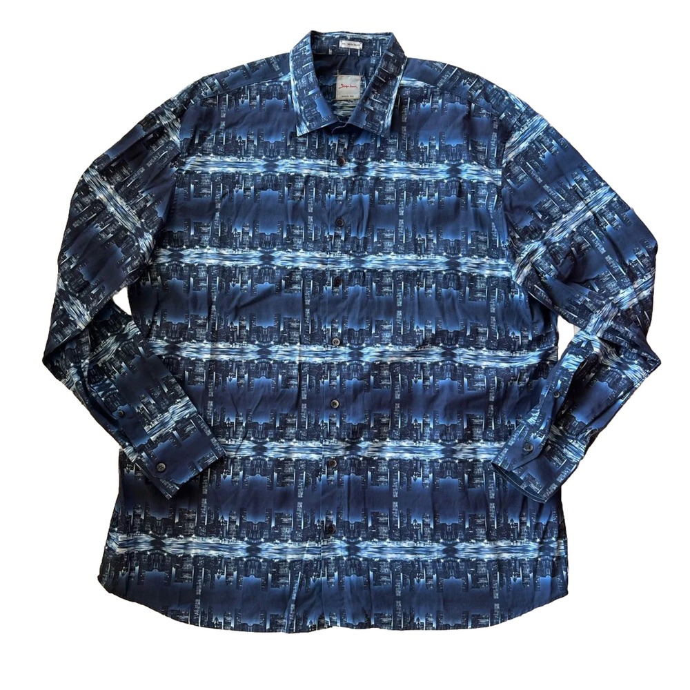 Signum Button Up Long Sleeve Shirt Fun Print City line Downtown Size 2XL